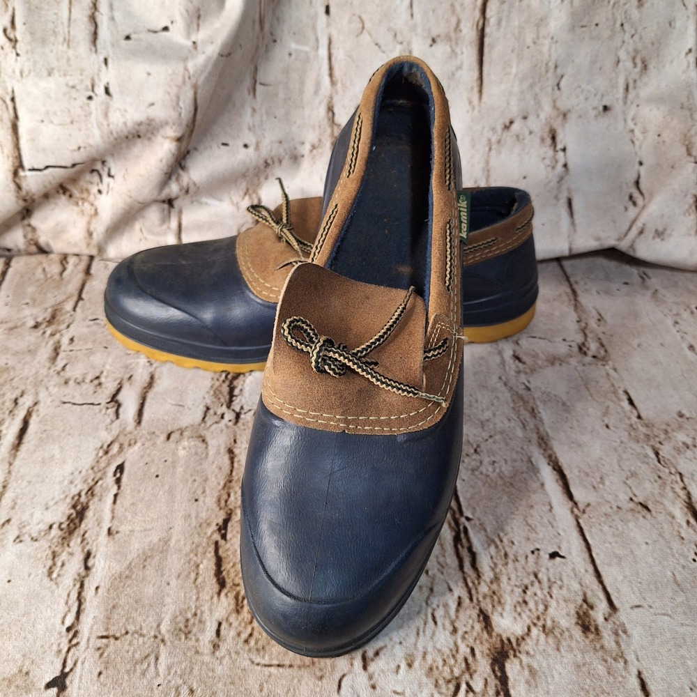 Kamik Mens Duck Shoes Size 12 Navy Blue Brown Suede‎ Rubber Slip On Loafers